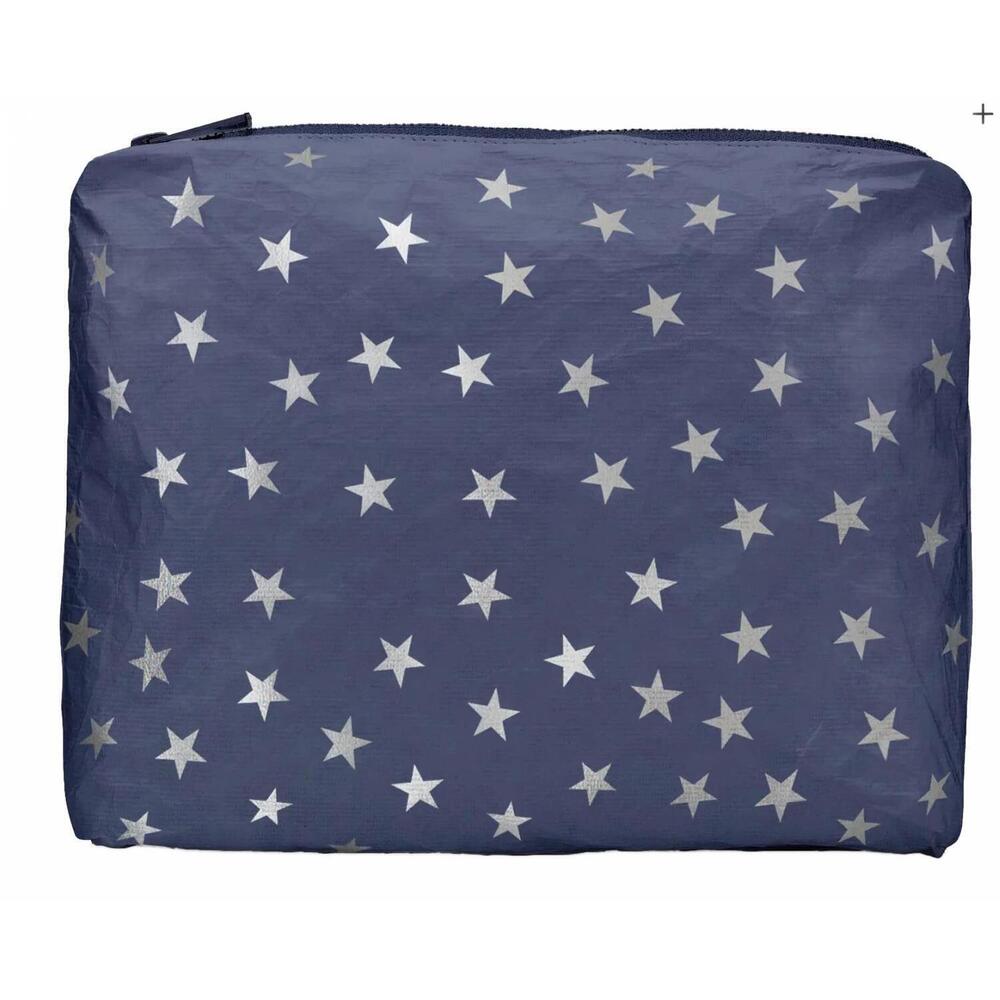 NEW HI LOVE TRAVEL women's zipper pouch in shimmer navy silver stars